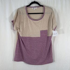 New Jillian N Blouse Womens Large Tan Purple Short Sleeve Round Neck Lightweight